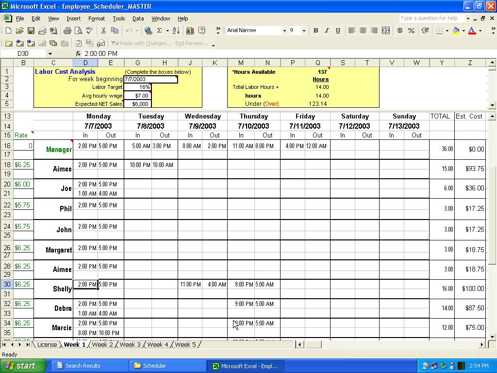 Screenshot of Employee Scheduler for Excel and OpenOff