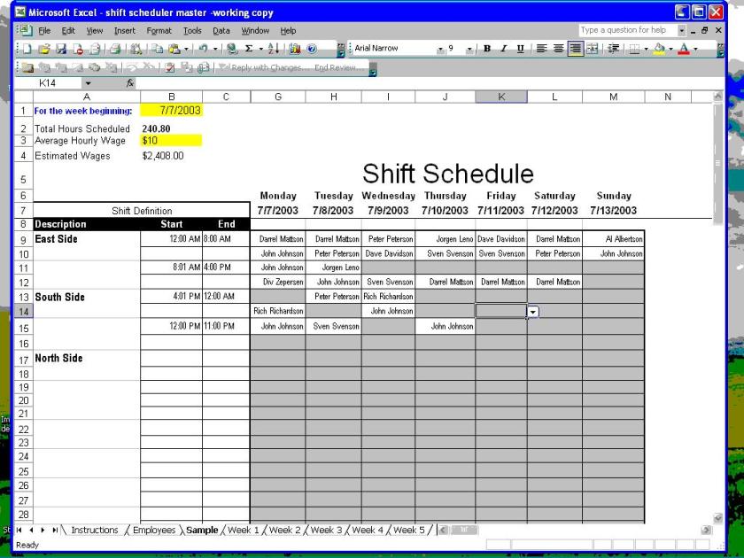 Screenshot of Shift Scheduler for Excel 1.2